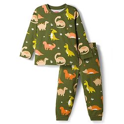 Babyhug Cotton Knit Full Sleeves Co-Ord Night Suit with Animal Print - Dark Green