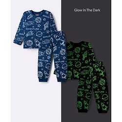 Babyhug Cotton Knit Full Sleeves Co-ords T-Shirt Style & Lounge Pant Night Suit With Space Theme Print - Navy Blue