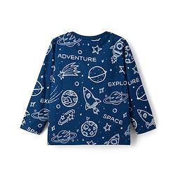 Babyhug Cotton Knit Full Sleeves Co-ords T-Shirt Style & Lounge Pant Night Suit With Space Theme Print - Navy Blue