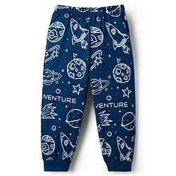 Babyhug Cotton Knit Full Sleeves Co-ords T-Shirt Style & Lounge Pant Night Suit With Space Theme Print - Navy Blue