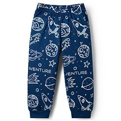 Babyhug Cotton Knit Full Sleeves Co-ords T-Shirt Style & Lounge Pant Night Suit With Space Theme Print - Navy Blue