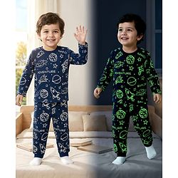 Babyhug Cotton Knit Full Sleeves Co-ords T-Shirt Style & Lounge Pant Night Suit With Space Theme Print - Navy Blue