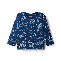 Babyhug Cotton Knit Full Sleeves Co-ords T-Shirt Style & Lounge Pant Night Suit With Space Theme Print - Navy Blue