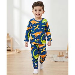 Babyhug Cotton Knit Full Sleeves Co-ords Night Suit With Dino Print - Navy Blue