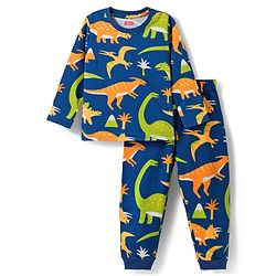 Babyhug Cotton Knit Full Sleeves Co-ords Night Suit With Dino Print - Navy Blue