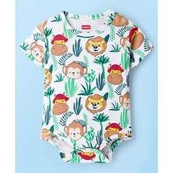 Babyhug 100% Cotton Knit Half Sleeves Striped & Animal Printed Onesies Pack of 3 - Navy Blue Yellow & White