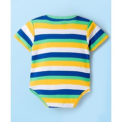 Babyhug 100% Cotton Knit Half Sleeves Striped & Animal Printed Onesies Pack of 3 - Navy Blue Yellow & White