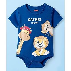 Babyhug 100% Cotton Knit Half Sleeves Striped & Animal Printed Onesies Pack of 3 - Navy Blue Yellow & White
