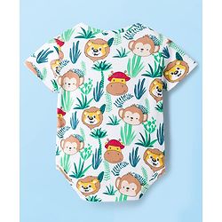 Babyhug 100% Cotton Knit Half Sleeves Striped & Animal Printed Onesies Pack of 3 - Navy Blue Yellow & White