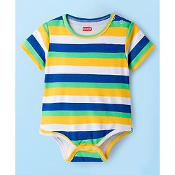 Babyhug 100% Cotton Knit Half Sleeves Striped & Animal Printed Onesies Pack of 3 - Navy Blue Yellow & White