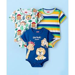 Babyhug 100% Cotton Knit Half Sleeves Striped & Animal Printed Onesies Pack of 3 - Navy Blue Yellow & White