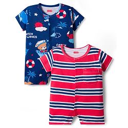 Babyhug 100% Cotton Interlock Knit Romper With Animal Print Pack Of 2 - Red & Blue