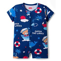 Babyhug 100% Cotton Interlock Knit Romper With Animal Print Pack Of 2 - Red & Blue