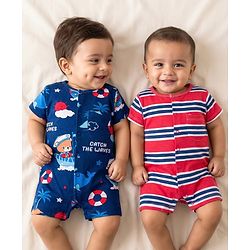 Babyhug 100% Cotton Interlock Knit Romper With Animal Print Pack Of 2 - Red & Blue
