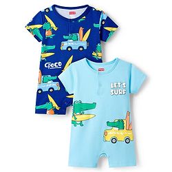 Babyhug 100% Cotton Knit Half Sleeves Rompers with Dino Print Pack of 2 - Navy & Light Blue