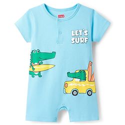 Babyhug 100% Cotton Knit Half Sleeves Rompers with Dino Print Pack of 2 - Navy & Light Blue