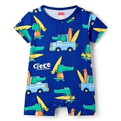 Babyhug 100% Cotton Knit Half Sleeves Rompers with Dino Print Pack of 2 - Navy & Light Blue