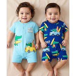 Babyhug 100% Cotton Knit Half Sleeves Rompers with Dino Print Pack of 2 - Navy & Light Blue