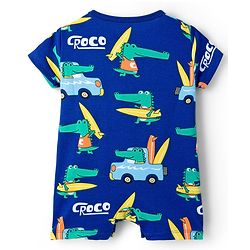 Babyhug 100% Cotton Knit Half Sleeves Rompers with Dino Print Pack of 2 - Navy & Light Blue
