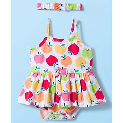 Babyhug 100% Cotton Single Jersey Knit Sleeveless Printed Onesie With Hairband - White