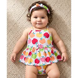 Babyhug 100% Cotton Single Jersey Knit Sleeveless Printed Onesie With Hairband - White