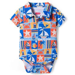 Babyhug 100% Cotton Interlock Knit Onesies With Nautical Theme Print - Blue