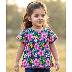 Babyhug Cotton Knit Half Sleeves Top with Floral Print & Lace Detailing - Navy Blue