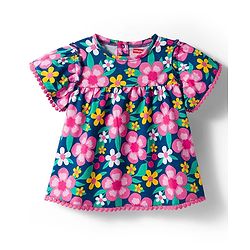 Babyhug Cotton Knit Half Sleeves Top with Floral Print & Lace Detailing - Navy Blue