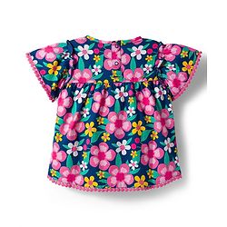 Babyhug Cotton Knit Half Sleeves Top with Floral Print & Lace Detailing - Navy Blue