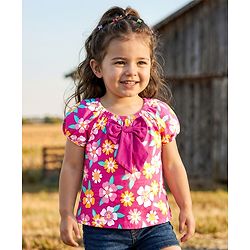 Babyhug Cotton Knit Half Puffed Sleeves Top with Floral Print & Bow Applique - Dark Pink