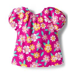 Babyhug Cotton Knit Half Puffed Sleeves Top with Floral Print & Bow Applique - Dark Pink