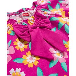 Babyhug Cotton Knit Half Puffed Sleeves Top with Floral Print & Bow Applique - Dark Pink