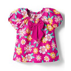 Babyhug Cotton Knit Half Puffed Sleeves Top with Floral Print & Bow Applique - Dark Pink
