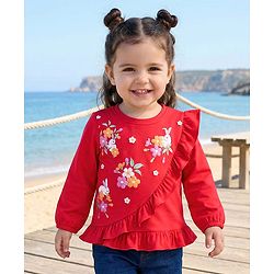 Babyhug Cotton Knit Full Sleeves Top with Floral & Animal Print & Frill Detailing - Red