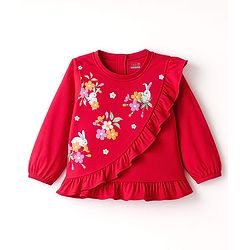 Babyhug Cotton Knit Full Sleeves Top with Floral & Animal Print & Frill Detailing - Red