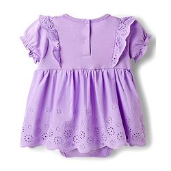 Babyhug 100% Cotton Knit Half Puffed Sleeves Chifilli Frock Style Onesie with Hairband & Booties - Lavender