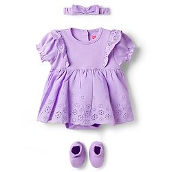 Babyhug 100% Cotton Knit Half Puffed Sleeves Chifilli Frock Style Onesie with Hairband & Booties - Lavender