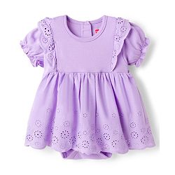Babyhug 100% Cotton Knit Half Puffed Sleeves Chifilli Frock Style Onesie with Hairband & Booties - Lavender