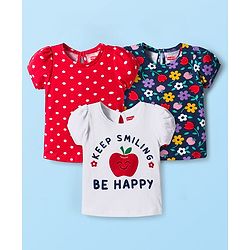 Babyhug Cotton Knit Half Sleeves T-Shirt with Floral & Polka Dot Print Pack of 3 - Red White & Navy Blue