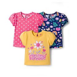 Babyhug Cotton Knit Half Sleeves T-Shirt with Floral & Polka Dot Print Pack of 3 - Pink Yellow & Navy Blue
