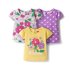 Babyhug Cotton Knit Half Sleeves T-Shirt with Floral & Polka Dot Print Pack of 3 -Plum Yellow & White