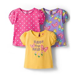 Babyhug Cotton Knit Half Sleeves T-Shirt with Butterfly & Polka Dot Print Pack of 3 - Pink Yellow & Plum