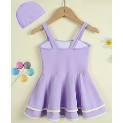 Babyhug Sleeveless Solid Frock Swimsuit With Bow Applique & Cap - Purple