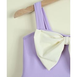 Babyhug Sleeveless Solid Frock Swimsuit With Bow Applique & Cap - Purple