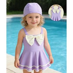 Babyhug Sleeveless Solid Frock Swimsuit With Bow Applique & Cap - Purple
