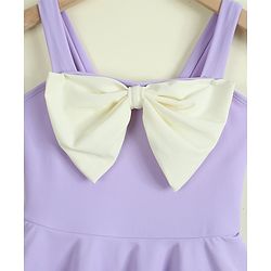 Babyhug Sleeveless Solid Frock Swimsuit With Bow Applique & Cap - Purple