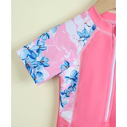 Babyhug Half Raglan Sleeves Floral Printed Legged Swimsuit - Pink