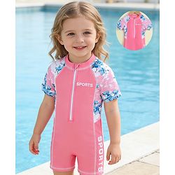Babyhug Half Raglan Sleeves Floral Printed Legged Swimsuit - Pink
