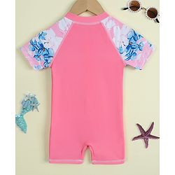 Babyhug Half Raglan Sleeves Floral Printed Legged Swimsuit - Pink