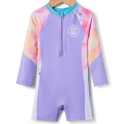 Babyhug Full Raglan Sleeves Printed Legged Swimsuit - Purple